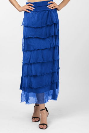 Fuste din Mătase și Văscoza - Fusta lunga cu volane suprapuse, din matase si vascoza, albastra