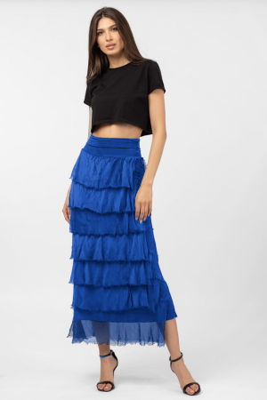 Fusta lunga cu volane suprapuse, din matase si vascoza, albastra [3]