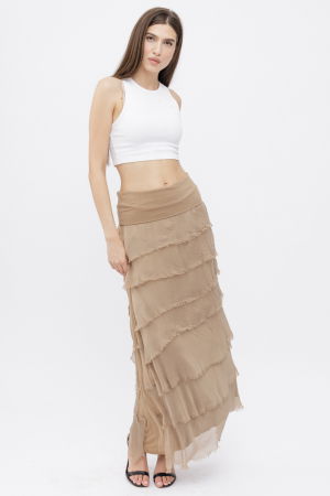 Fuste din Mătase și Văscoza - Fusta lunga cu volane suprapuse, din matase si vascoza, camel