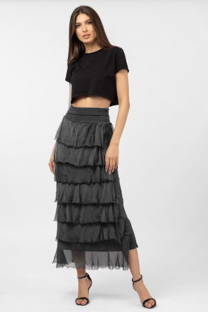 Fusta lunga cu volane suprapuse, din matase si vascoza, gri inchis [3]
