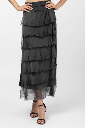 Fuste din Mătase și Văscoza - Fusta lunga cu volane suprapuse, din matase si vascoza, gri inchis