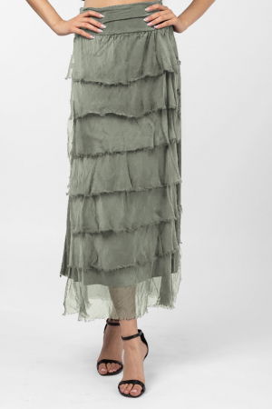 Fuste din Mătase și Văscoza - Fusta lunga cu volane suprapuse, din matase si vascoza, kaki