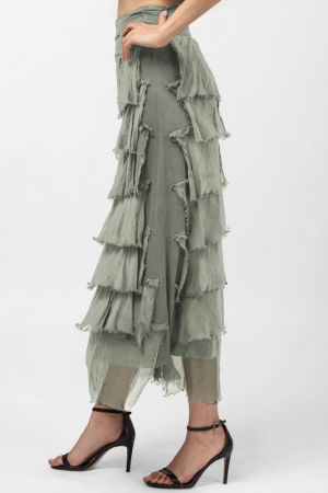 Fusta lunga cu volane suprapuse, din matase si vascoza, kaki [1]