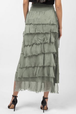 Fusta lunga cu volane suprapuse, din matase si vascoza, kaki [2]