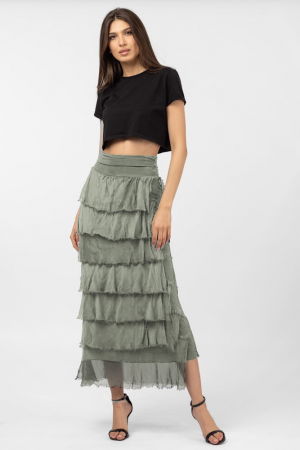 Fusta lunga cu volane suprapuse, din matase si vascoza, kaki [3]