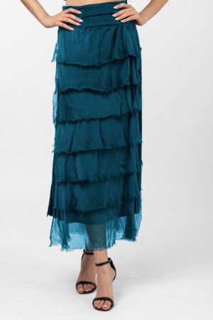 Fuste din Mătase și Văscoza - Fusta lunga cu volane suprapuse, din matase si vascoza, turcoaz inchis