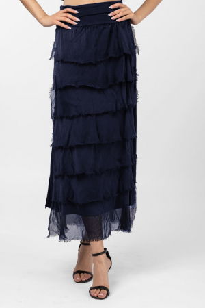 Fuste din Mătase și Văscoza - Fusta lunga cu volane suprapuse, din matase si vascoza, bleumarin