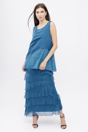 Fusta lunga cu volane suprapuse, din matase si vascoza, turcoaz inchis [8]