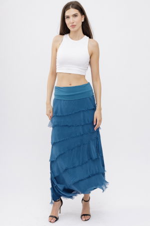 Fusta lunga cu volane suprapuse, din matase si vascoza, turcoaz inchis [4]