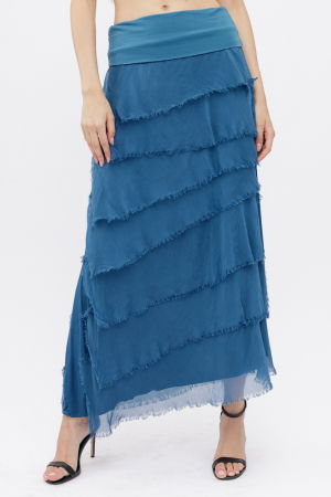 Fusta lunga cu volane suprapuse, din matase si vascoza, turcoaz inchis [5]