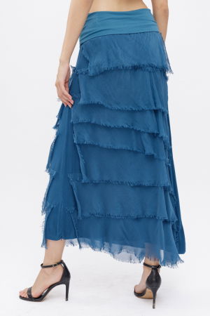 Fusta lunga cu volane suprapuse, din matase si vascoza, turcoaz inchis [7]