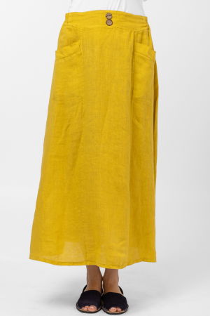 ÎMBRĂCĂMINTE - Fusta lunga din in, cu doi nasturi de lemn pe talie, galbena