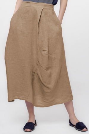 Fuste din In - Fusta lunga din in, cu falduri, camel