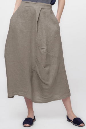 Fuste din In - Fusta lunga din in, cu falduri, bej inchis