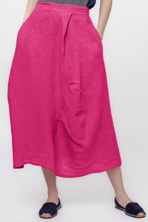 Fuste din In - Fusta lunga din in, cu falduri, fucsia