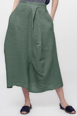Fuste din In - Fusta lunga din in, cu falduri, kaki