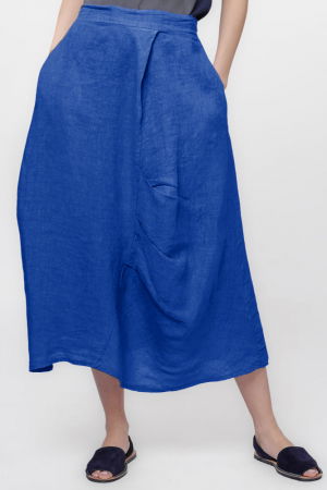 Îmbrăcăminte - Fusta lunga din in, cu falduri, albastra