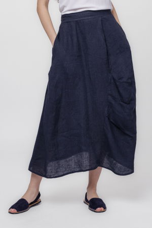 Fusta lunga din in, cu falduri, bleumarin [0]