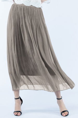 Fuste din Mătase și Văscoza - Fusta lunga din matase si vascoza, cu banda elastica, bej inchis