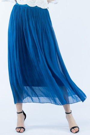 Fuste din Mătase și Văscoza - Fusta lunga din matase si vascoza, cu banda elastica, turcoaz inchis