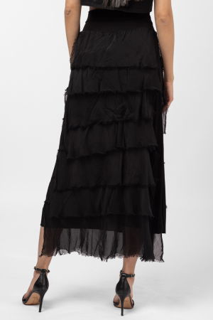 Fusta lunga cu volane suprapuse, din matase si vascoza, neagra [2]
