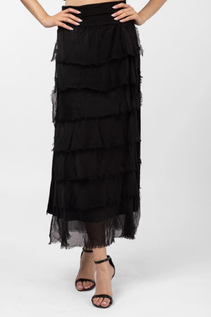 Fuste din Mătase și Văscoza - Fusta lunga cu volane suprapuse, din matase si vascoza, neagra