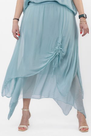 Fusta lunga in colturi, din matase si vascoza, suprapusa, cu snur vertical, turcoaz deschis [1]