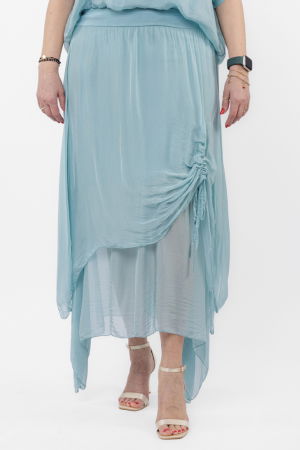 Fuste din Mătase și Văscoza - Fusta lunga in colturi, din matase si vascoza, suprapusa, cu snur vertical, turcoaz deschis