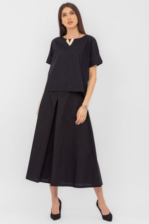 Fusta lunga din poplin de bumbac satinat cu pliu vertical, neagra [2]