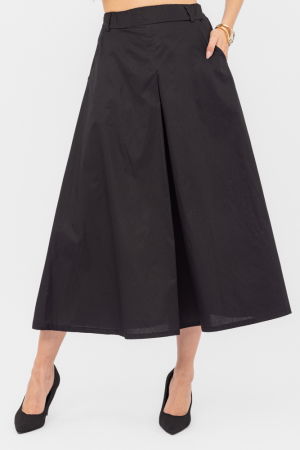 Fuste din Bumbac - Fusta lunga din poplin de bumbac satinat cu pliu vertical, neagra