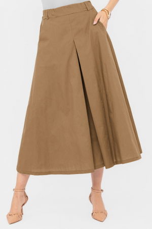 Fuste - Fusta lunga din poplin de bumbac satinat cu pliu vertical, camel