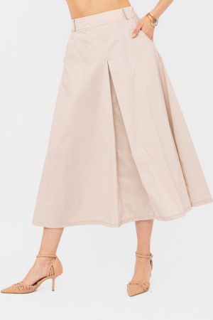 Fuste din Bumbac - Fusta lunga din poplin de bumbac satinat cu pliu vertical, bej