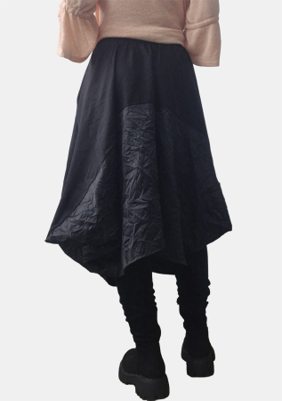 Fusta midi balon din vascoza, cu colturi si insertie material texturat satinat, neagra [2]