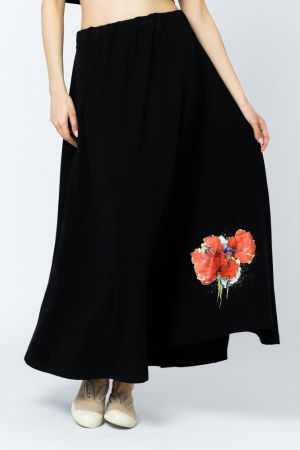 Fuste din Bumbac - Fusta lunga in A, din tricot de bumbac, neagra, cu imprimeu maci