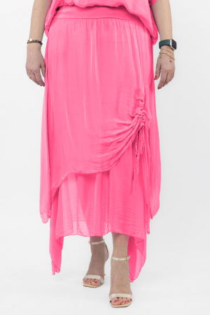 Fuste din Mătase și Văscoza - Fusta lunga in colturi, din matase si vascoza, suprapusa, cu snur vertical, fucsia