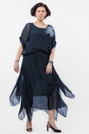 Fuste din Mătase și Văscoza - Fusta lunga in colturi, din matase si vascoza, suprapusa, cu snur vertical, bleumarin