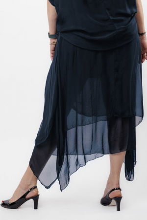 Fusta lunga in colturi, din matase si vascoza, suprapusa, cu snur vertical, bleumarin [1]