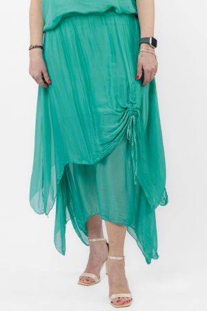 Fuste din Mătase și Văscoza - Fusta lunga in colturi, din matase si vascoza, suprapusa, cu snur vertical, verde