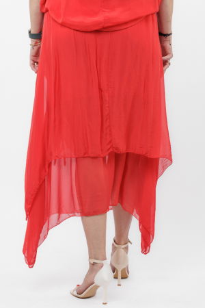 Fuste din Mătase și Văscoza - Fusta lunga in colturi, din matase si vascoza, suprapusa, cu snur vertical, rosie
