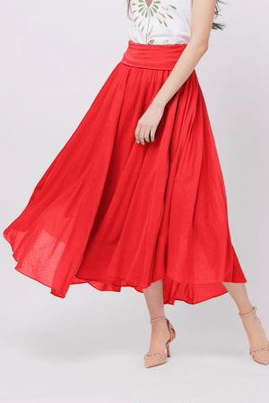 Fuste din Bumbac - Fusta lunga rosie, ampla, clos, din batist de bumbac