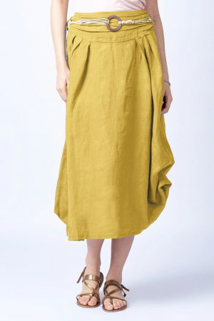 Fuste - Fusta lunga galbena cu poale prinse, din in, cu o curea fancy