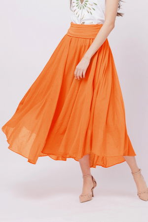 Fuste din Bumbac - Fusta lunga portocalie, ampla, clos, din batist de bumbac