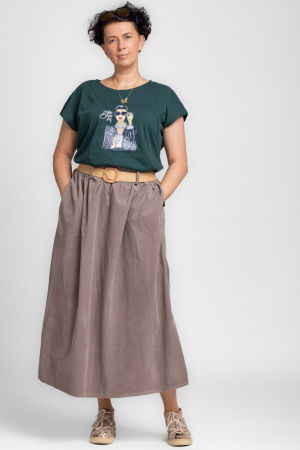 Fuste masuri mari - Fusta lunga bej din catifea reiata, cu curea inclusa