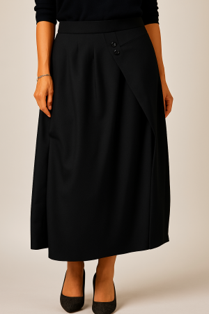 Fuste Casual - Fusta neagra asimetrica cu pliuri si detaliu cu nasturi