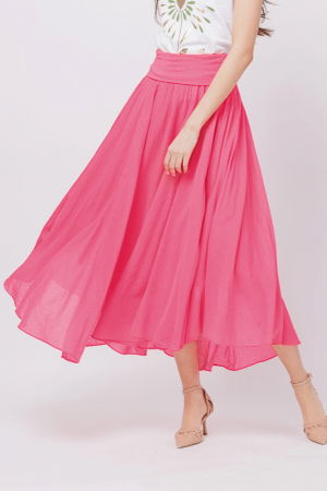 Fuste din Bumbac - Fusta lunga fucsia, ampla, clos, din batist de bumbac
