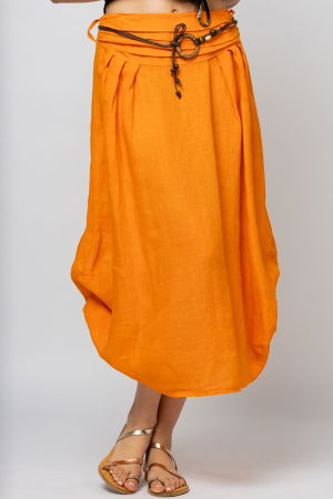 Fusta lunga portocalie cu poale prinse, din in, cu o curea fancy