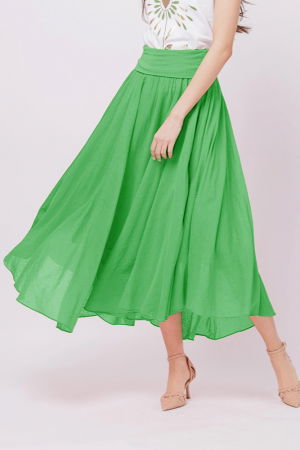 Fuste din Bumbac - Fusta lunga verde crud, ampla, clos, din batist de bumbac