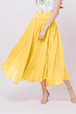 Fuste din Bumbac - Fusta lunga galbena, ampla, clos, din batist de bumbac