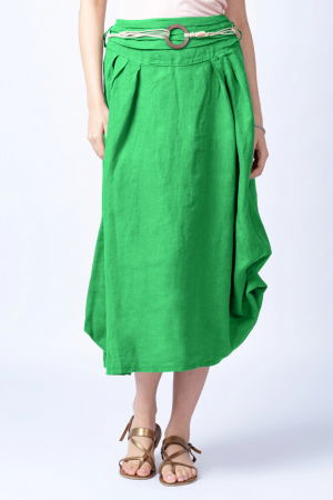 Fuste - Fusta lunga verde crud cu poale prinse, din in, cu o curea fancy