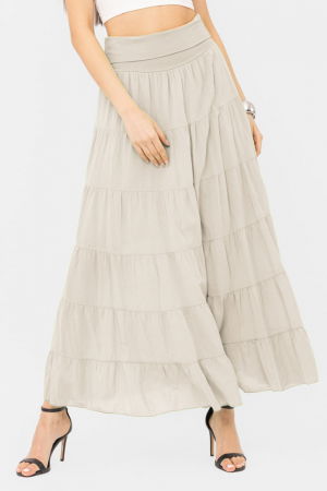 Fuste din Bumbac - Fusta maxi, ampla, cu volane, din batist de bumbac, bej